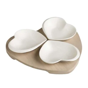 PORTASSAGGI 3 CUORI in PORCELLANA BIANCA CON SUPPORTO IN BAMBOO NATURALE
