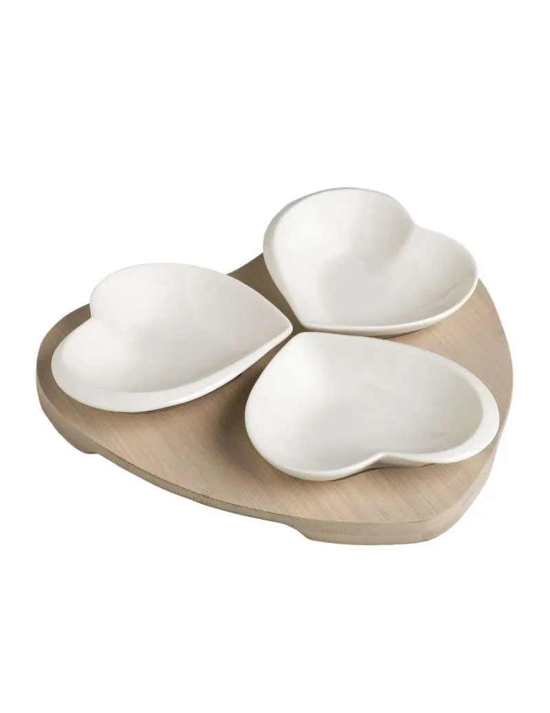 PORTASSAGGI 3 CUORI in PORCELLANA BIANCA CON SUPPORTO IN BAMBOO NATURALE