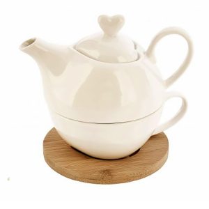 TEIERA CON TAZZA E BASE IN LEGNO CON MANICO A FORMA DI CUORE