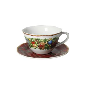 TAZZA COLAZIONE C/PIATTINO CHRISTMAS TARTAN PORCELLANA