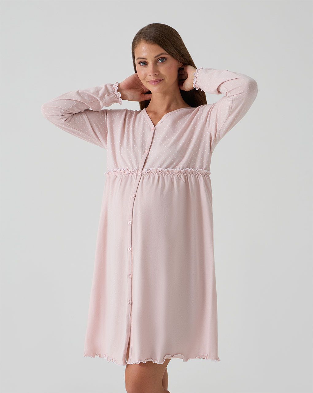 Camicia da notte premaman rosa rouches e pois - immagine 3